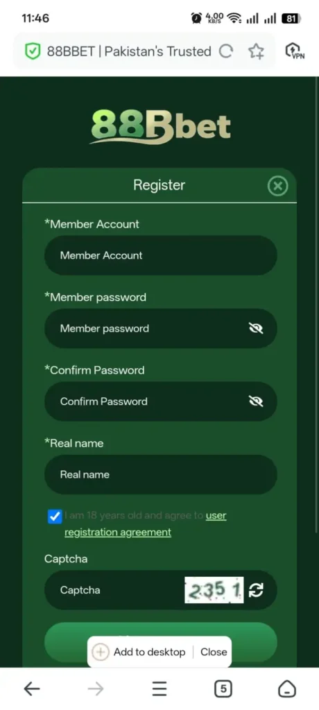 Game registration page